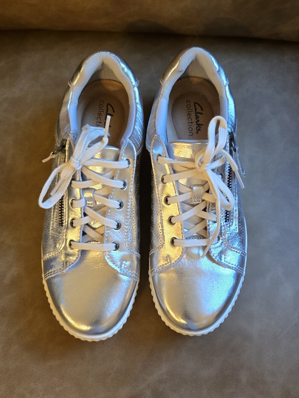Clarks Women's Metallic Silver Lace-Up Sneaker with Side Zip